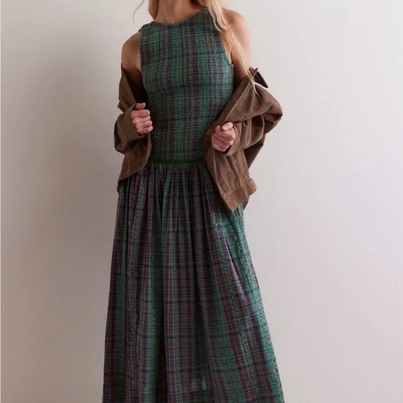 Free People Nightingale Plaid Maxi Dress L Green Purple Smocked Cottagecore - Picture 8 of 8